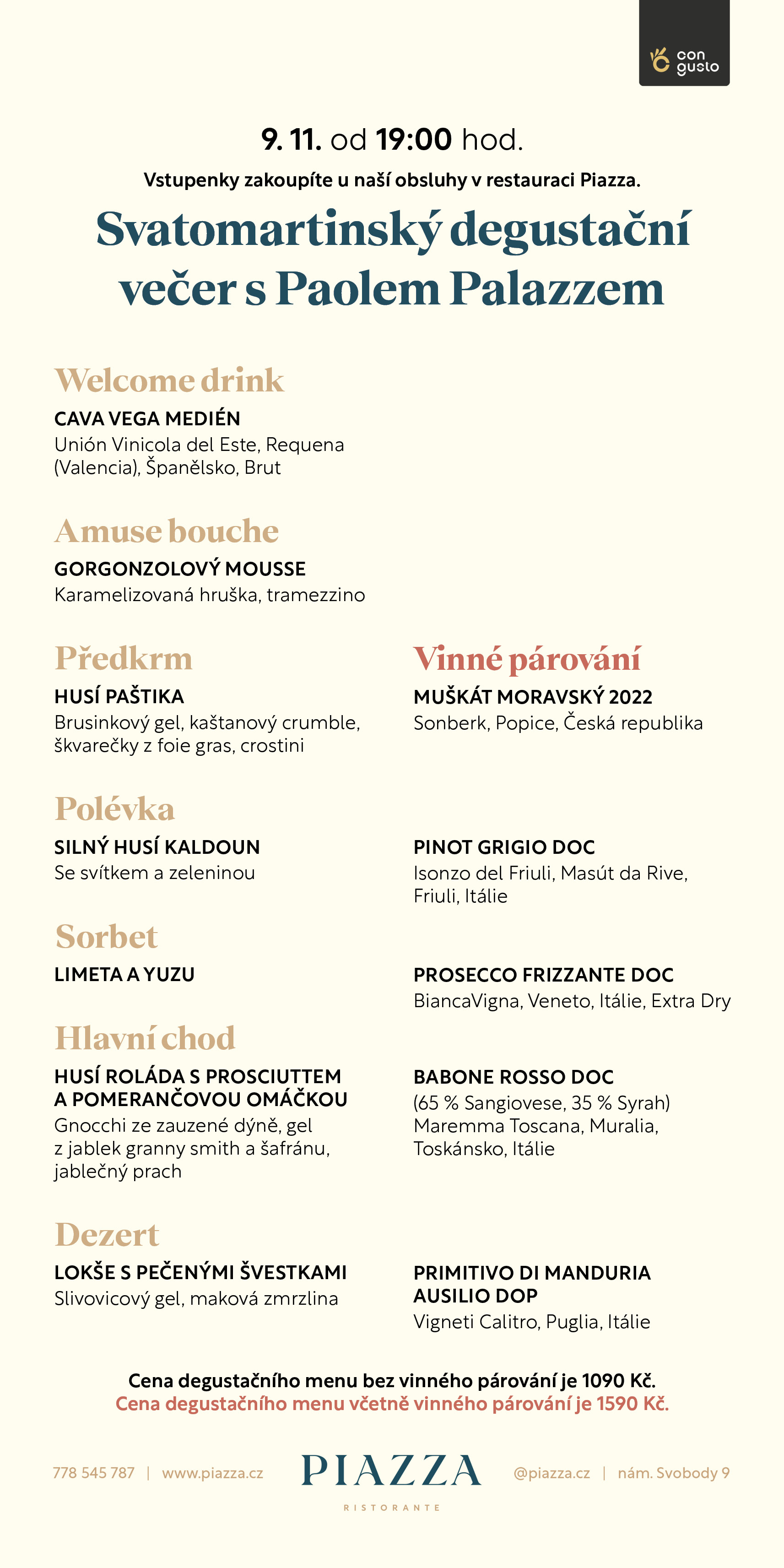 Degustační svatomartinské menu Piazza Ristorante 2022